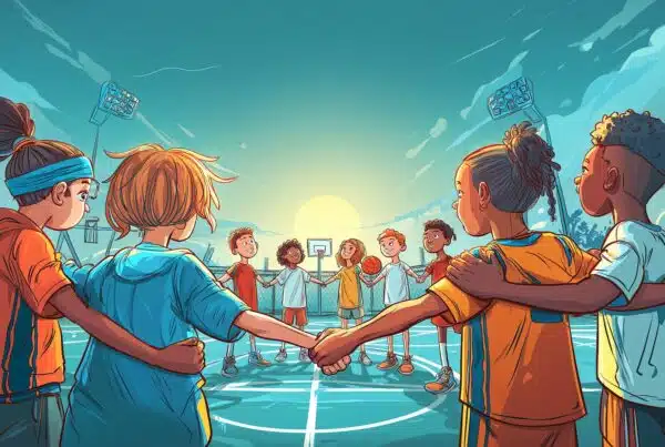 Un groupe de jeunes basketteurs solidaires se tient la main, formant une ronde pour lutter contre les violences et le harcèlement dans le sport.
