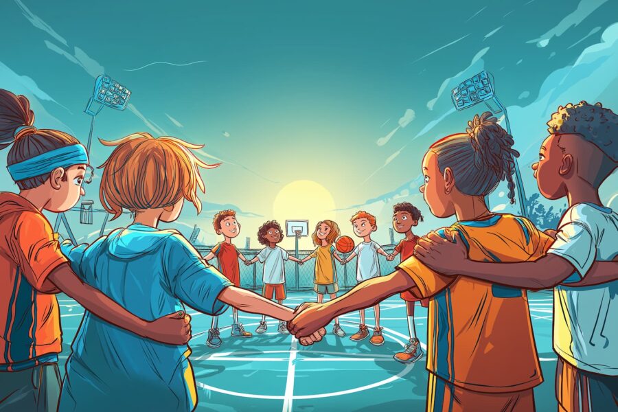Un groupe de jeunes basketteurs solidaires se tient la main, formant une ronde pour lutter contre les violences et le harcèlement dans le sport.