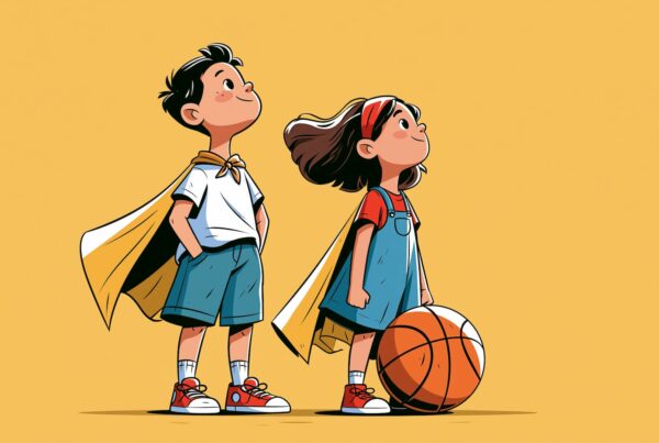 Illustration de deux jeunes enfants, un garçon et une fille portant une cape de super-héros, posant fièrement avec un ballon de basket sur fond jaune.