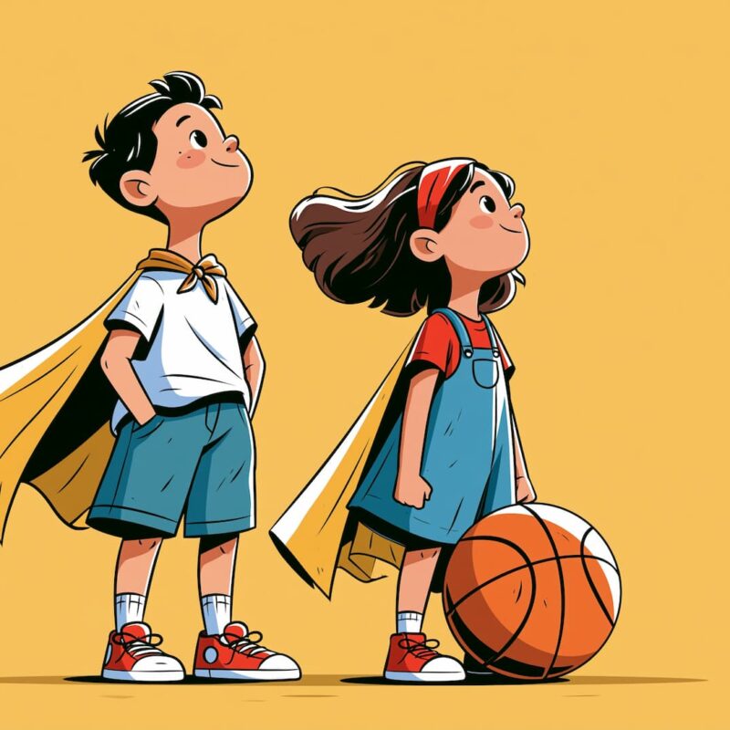 Illustration de deux jeunes enfants, un garçon et une fille portant une cape de super-héros, posant fièrement avec un ballon de basket sur fond jaune.