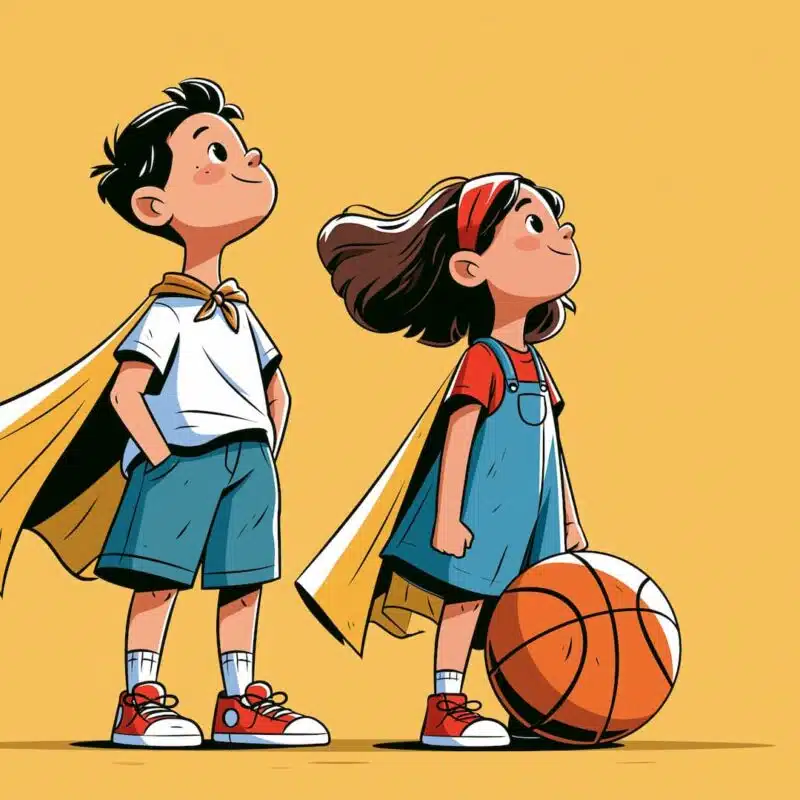 Illustration de deux jeunes enfants, un garçon et une fille portant une cape de super-héros, posant fièrement avec un ballon de basket sur fond jaune.